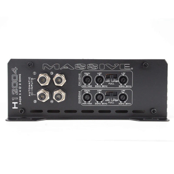 Massive Audio HIPPO 1360W RMS 4 Channel Full Range Amplifier | H12004 side profile photo showing signal inputs and crossover adjustments