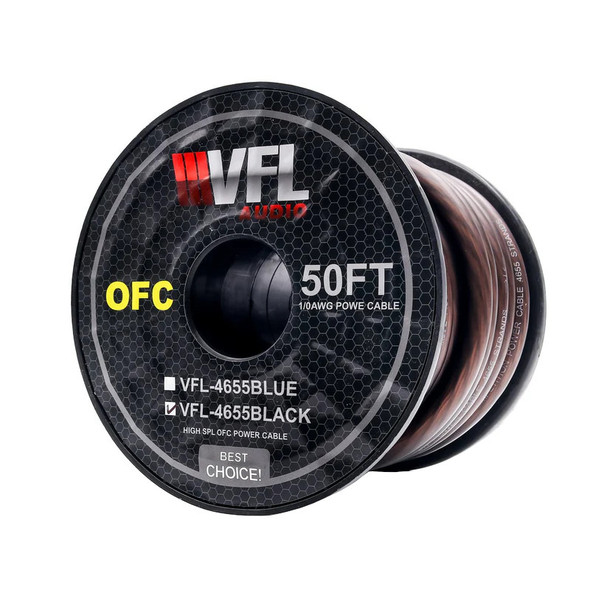 VFL Audio 1/0 Gauge OFC Wire 50ft Roll | 50 Feet 0 AWG Copper Power Cable | Black