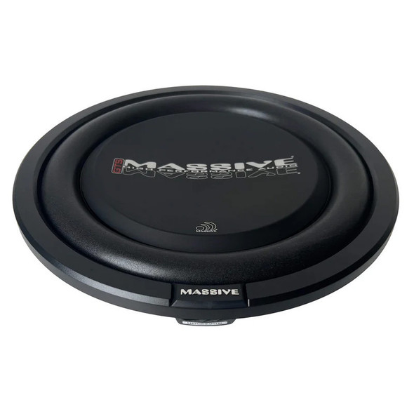 Massive Audio GTS 12 Package | 12" 600W D4 Slim Subwoofer & QPower Ported Slim Box ANGLED PHOTO OF SUB