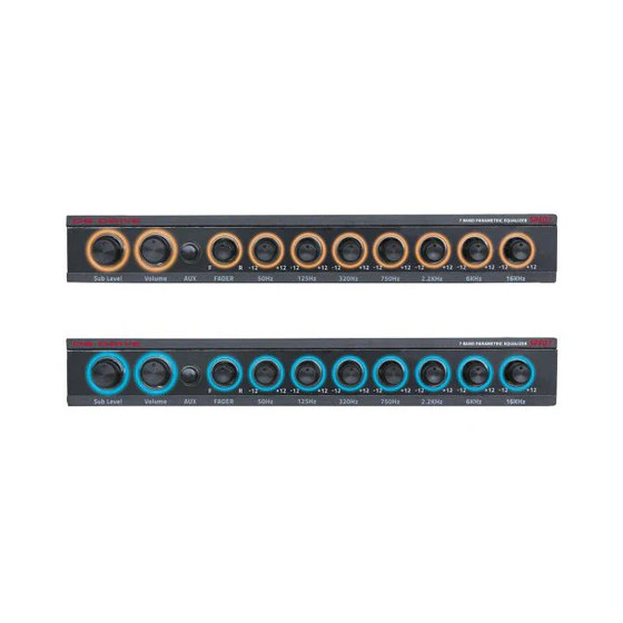 DB Drive SPEQ7 | 7 Band Graphic Equalizer Bass Enhancer w/ 8 Volt Output FRONT PHOTO OF LEVEL ADJUSTMENTS