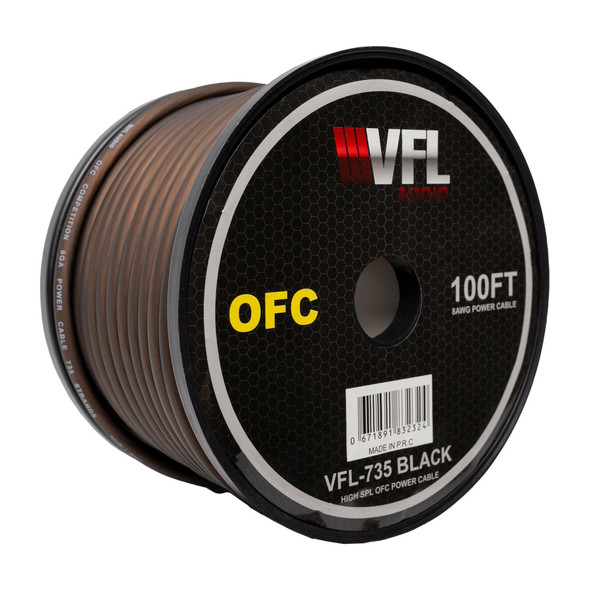 VFL Audio 8 Gauge OFC Copper Power Ground Wire Cable Roll 100 Feet | Black