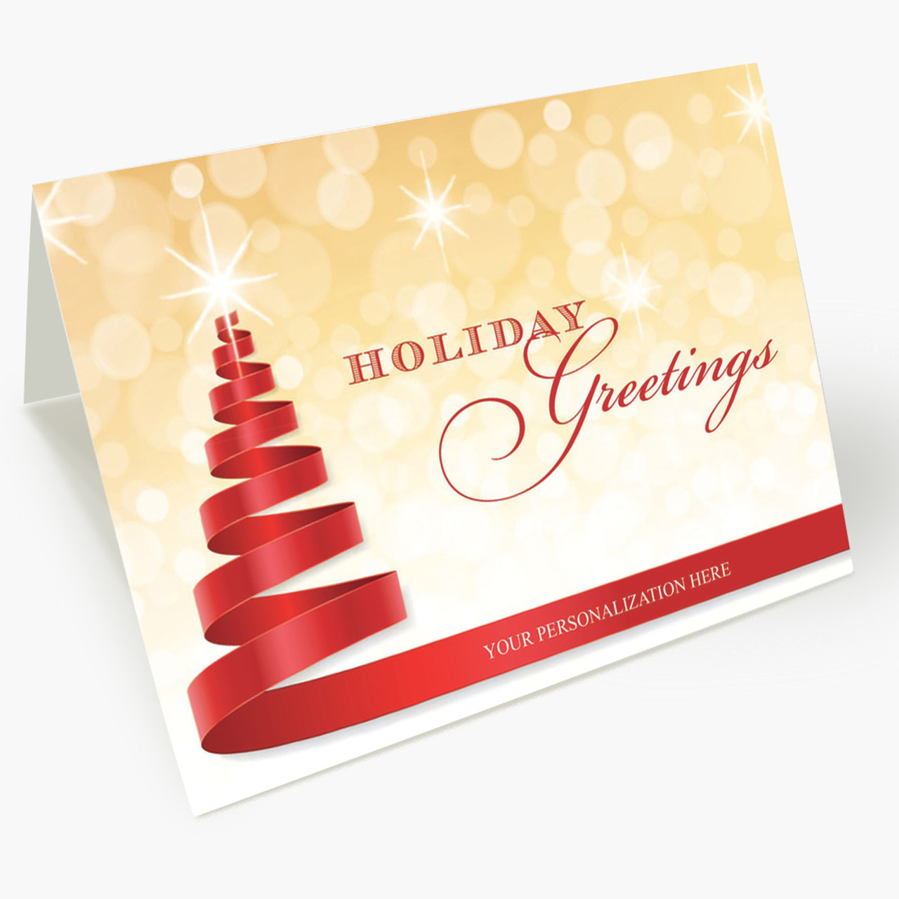 Red Ribbon Tree Front Imprint Christmas Cards