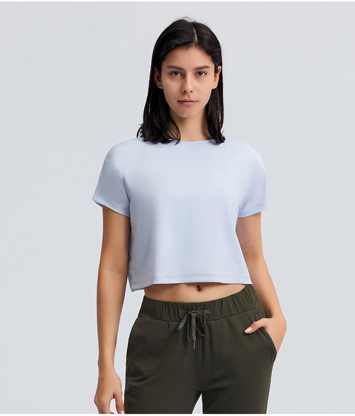 Yoga Sports Cropped T Shirts Crew Neck Loose Super Soft Short Sleeve Plain