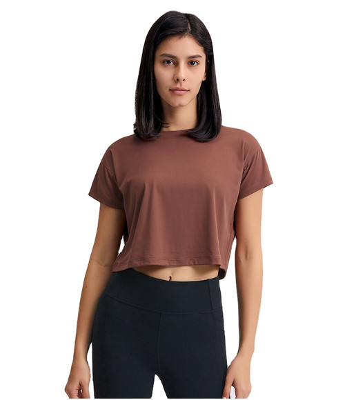 Yoga Sports Cropped T Shirts Crew Neck Loose Super Soft Short Sleeve Plain