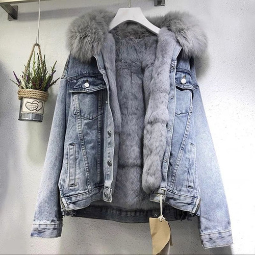 Autumn Winter New Fashion Fur Jean Jacket for Women Denim Coat Fur Vintage