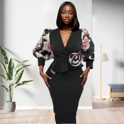 African New Design Office Style Mesh Puff Sleeve Floral Print Plus Size Dress
