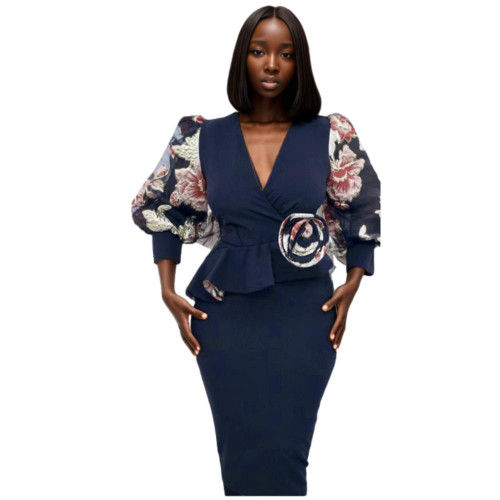 African New Design Office Style Mesh Puff Sleeve Floral Print Plus Size Dress