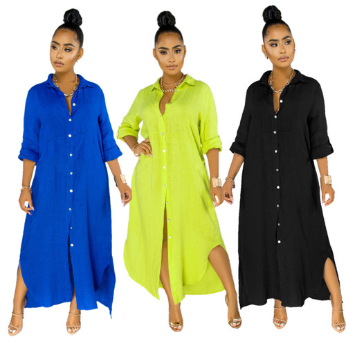 Casual Fashion Straight Long Sleeve Button Down Long Loose Shirt Dress