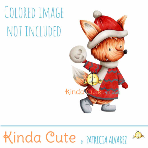 Winter fox digital stamp. Black and white only. Colored for reference.