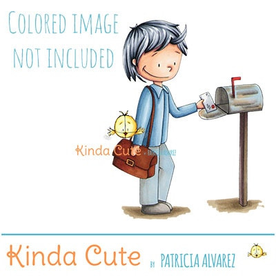 Mail carrier boy digital stamp. Black and white only. Colored only for reference.