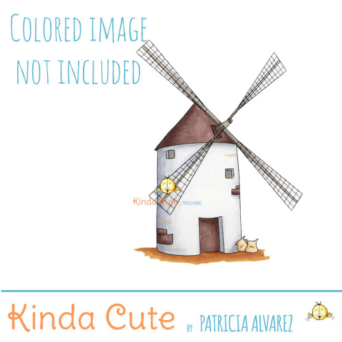Old windmill digital stamp. Black and white only