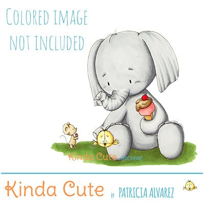 Elephant and ice-cream digital stamp. Black and white only.