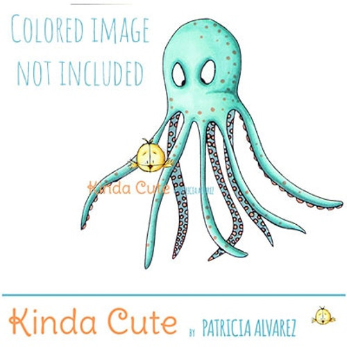 Happy octopus digital stamp set. Black and white. Colored for reference.