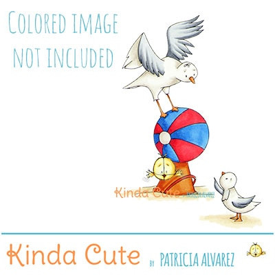 Seagulls at the beach digital stamp. Black and white only. Colored only for reference.