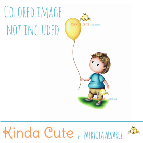 Birthday digital stamp of a boy with a balloon. Colored image only for reference.