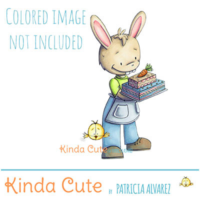 Easter rabbit with carrot cake digital stamp. Black and white only. Colored image only for reference.