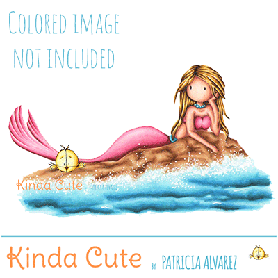 Mermaid on a rock digital stamp. Black and white only. Colored image only for reference.