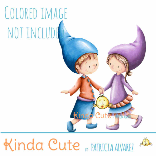 Gnome couple digital stamp. Black and white only.