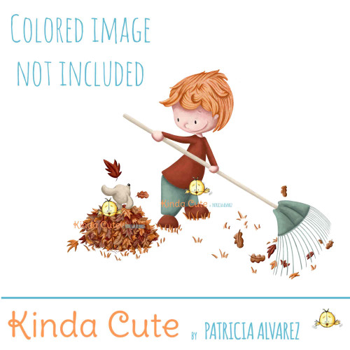 Boy digital stamp. Boy raking leaves.