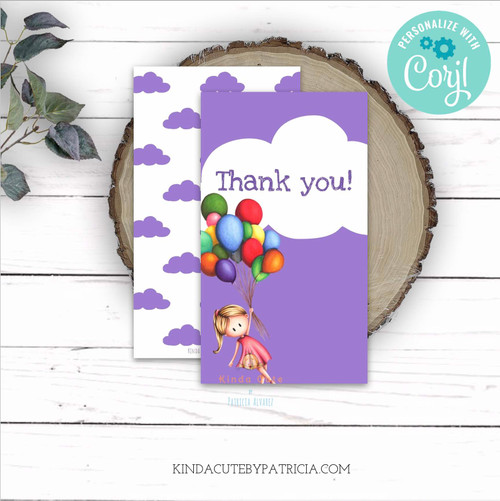 Editable purple and white thank you tags with a girl and balloons. Printable file