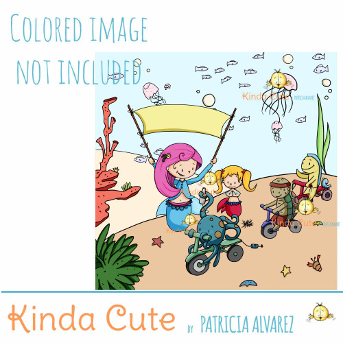 Cheering Mermaid Digital Stamp Set . Digital stamp of a bike race.