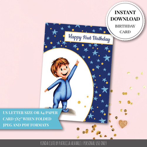 Blue First Birthday Card for Baby Boy – 1st Birthday Printable – Boy’s First Trip Around the Sun – Instant Download Greeting