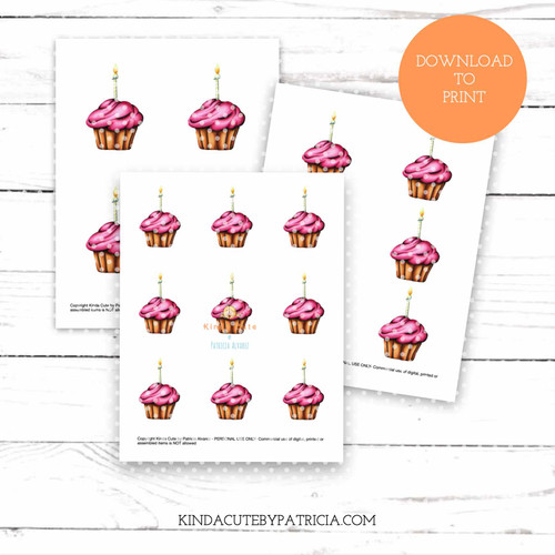 Cupcake with pink frosting and candle colored printable pages.