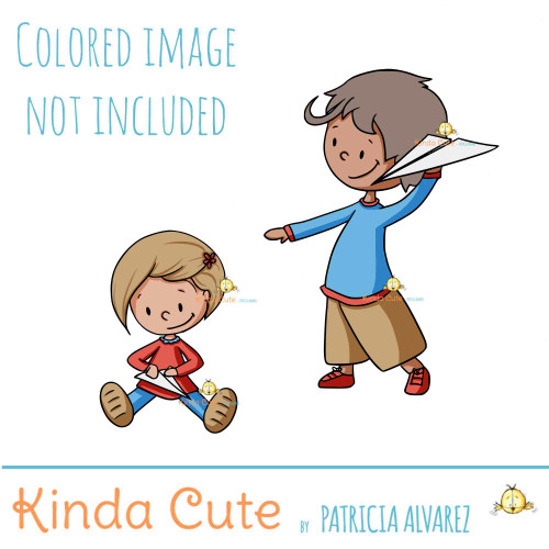 Making Paper Planes Boy and Girl Digital Stamp