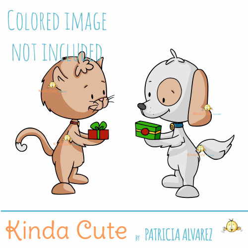dog and cat exchanging gifts digital stamp