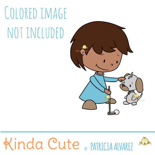 Boy and puppy playing golf digital stamp