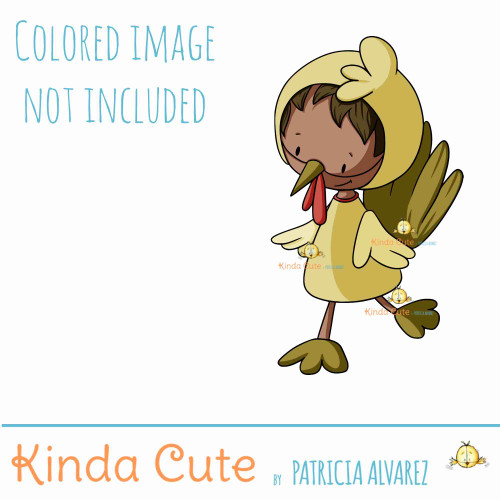 Kid in chicken costume digital stamp. Black and white only