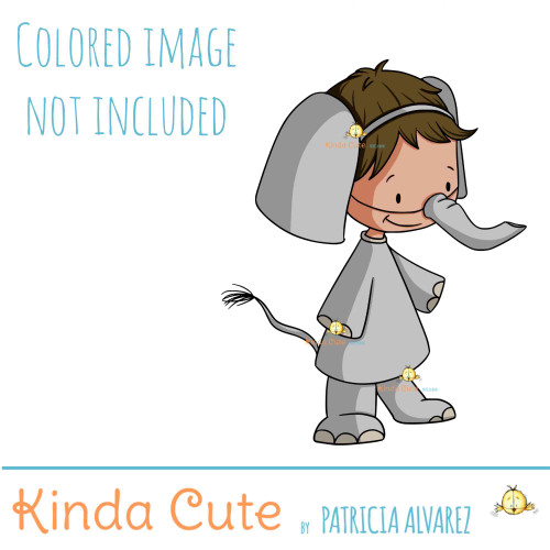 Kid in elephant costume digital stamp.