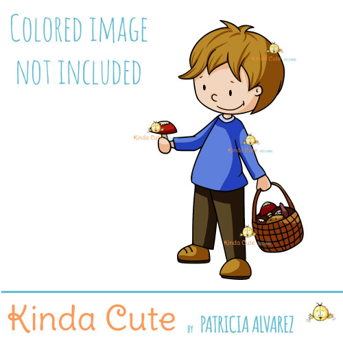 Boy picking mushrooms digital stamp