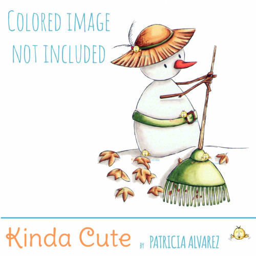 Snowman with leaf rake digital stamp. Black and white only.