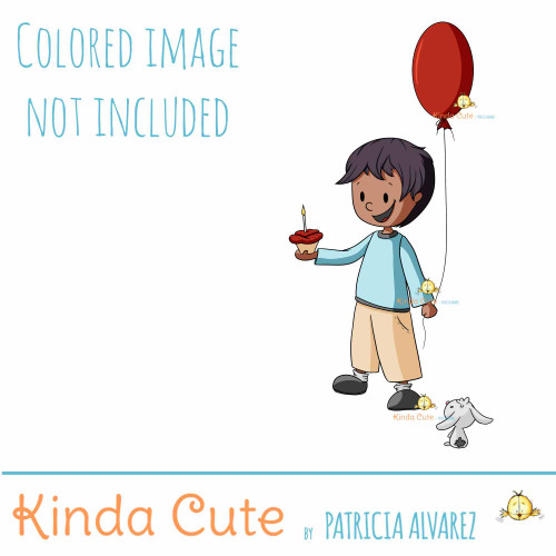 Boy with Balloon and Cupcake Digital Stamp