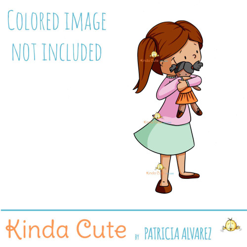 Girl Hugging Doll Digital Stamp