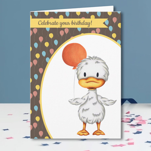 Personalized Duck with Orange Balloon Birthday Card