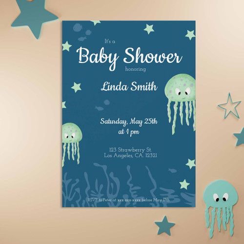 Cute Green Jellyfish Neutral Baby Shower Invitation