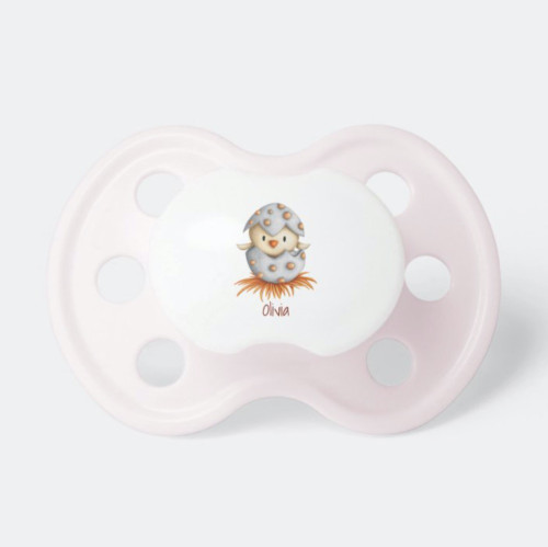 Cute pink pacifier with a bird hatching image