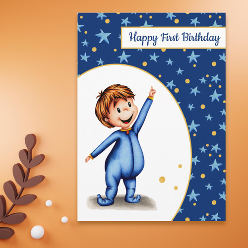 Baby in Pajamas Blue and Yellow First Birthday Card