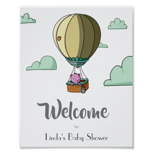 Hot Air Balloon with Bear Welcome Baby Shower Poster