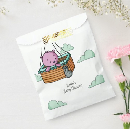 Pink Baby Bear in Hot Air Balloon Baby Shower Favor Bag