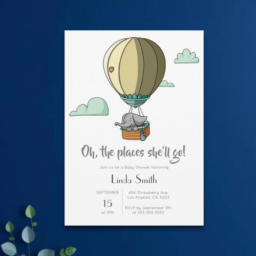 Elephant in Hot Air Balloon Neutral Baby Shower Invitation