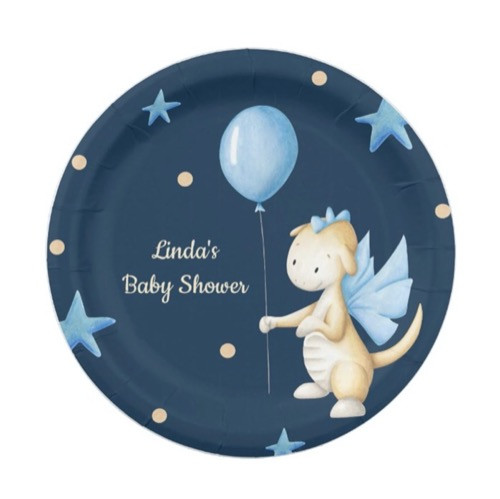 Personalized Baby Dragon with Balloon Baby Shower Paper Plate