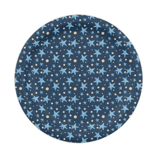 Navy blue with blue stars and yellow dot patterned Paper Plate