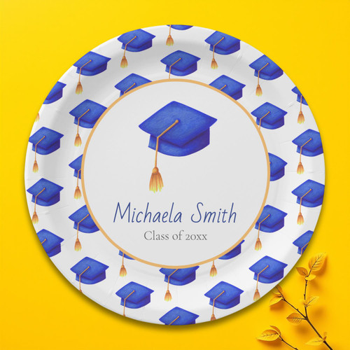 Royal Blue Graduation Cap Patterned Personalized Paper Plate