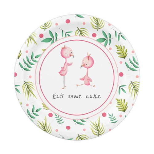 Eat Cake Tropical Floral Flamingo Party Paper Plate