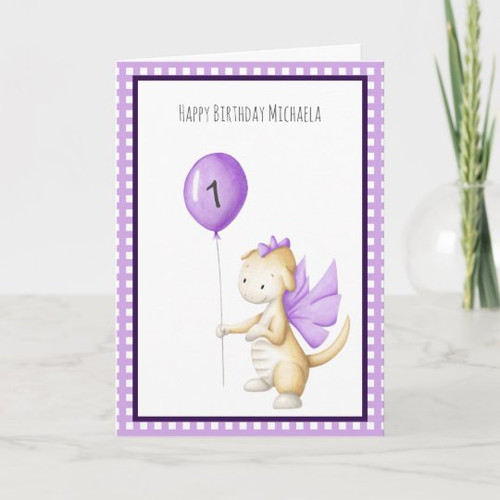 Cute Purple Dragon with Balloon First Birthday Card