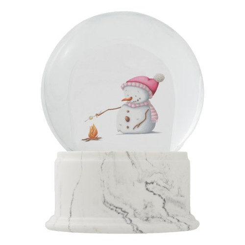 Winter Snowman With Pink Hat Roasting Marshmallows Snow Globe
