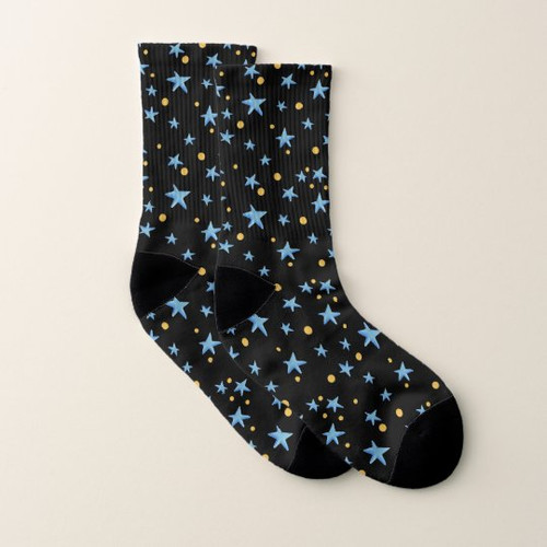 Blue stars and yellow circles starry night black Socks